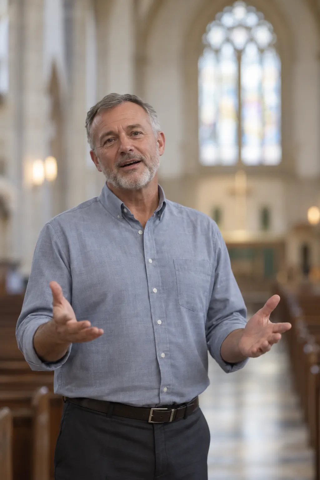 A pastor welcoming a congregation